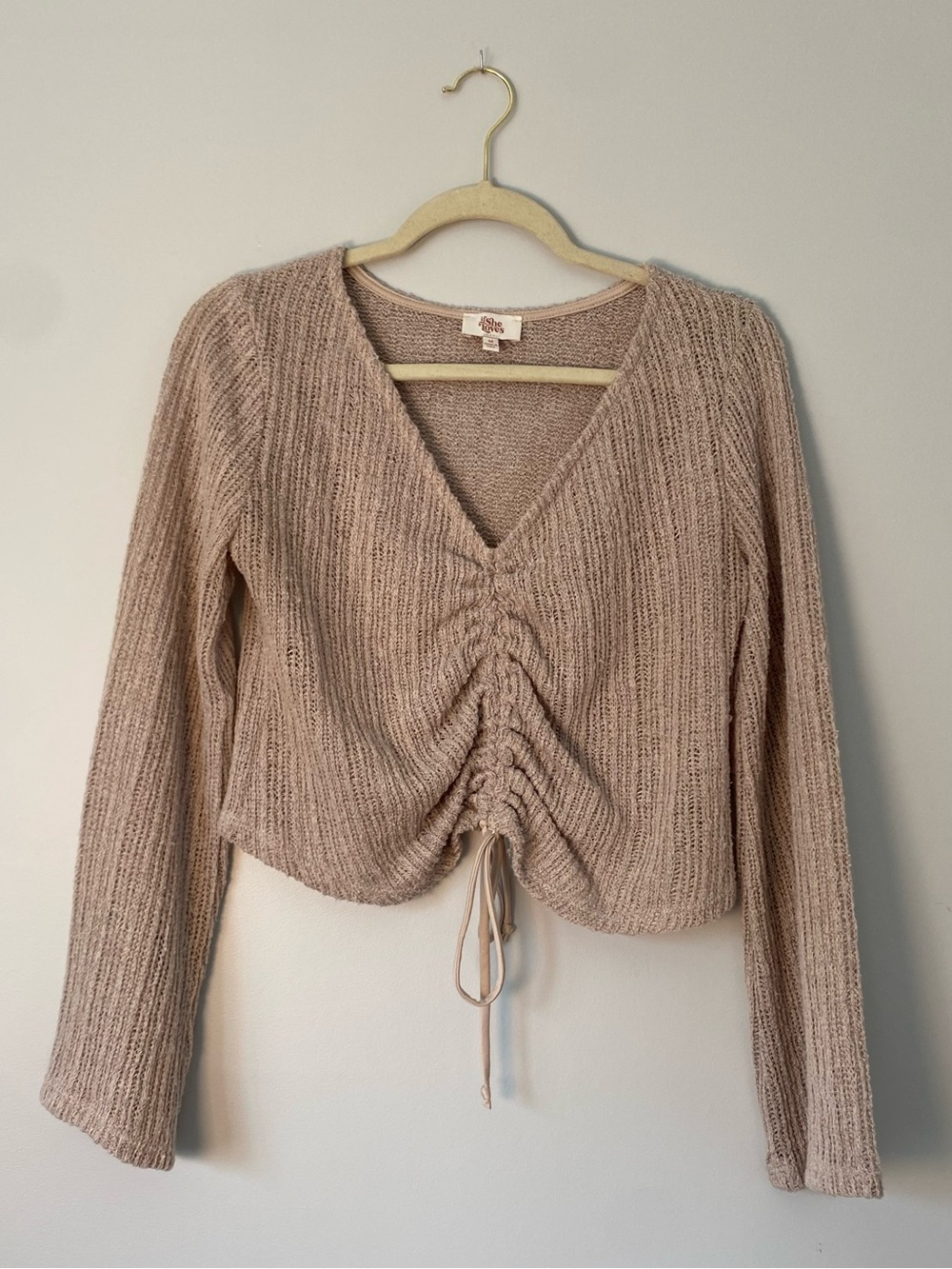 If She Loves Ruched Knit Crop Top Bell Sleeve Beige Taupe Medium Made in USA